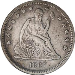 1867-S 25C VF35 PCGS. A pleasing circulated example of