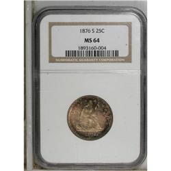 1876-S 25C MS64 NGC. Golden-brown surfaces are sprinkl