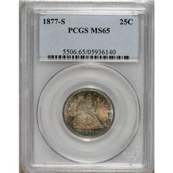 1877-S 25C MS65 PCGS. Ocean-blue and golden-brown endo