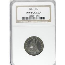 1867 25C PR63 Cameo NGC. Both sides exhibit distinct c
