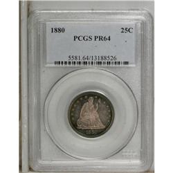1880 25C PR64 PCGS. Mauve and cobalt-blue toning races