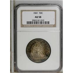 1841 50C AU58 NGC. A mix of golden-brown, gray, and bl