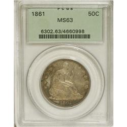 1861 50C MS63 PCGS. Splashes of olive-bronze grace the