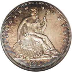 1865 50C PR65 NGC. Final year of the No Motto type, an