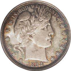 1892 50C MS67 NGC. Splashes of golden-brown, cream, li