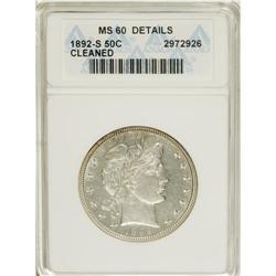1892-S 50C --Cleaned--ANACS. MS60 Details. A nearly unt