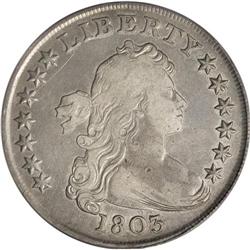1803 S$1 Large 3 VF30 PCGS. B-6, BB-255, R.2. This pea