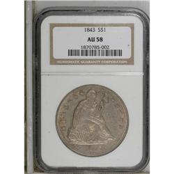 1843 S$1 AU58 NGC. Original golden-gray surfaces shade