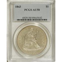 1843 S$1 AU58 PCGS. An elusive early date with a minta