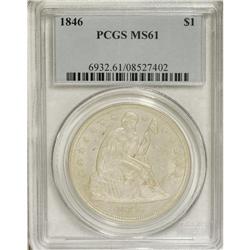 1846 S$1 MS61 PCGS. The silver-white surfaces show lig
