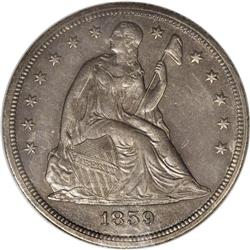 1859-S S$1 AU55 ANACS. Although the usual tiny scrapes