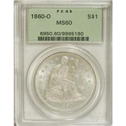 1860-O S$1 MS60 PCGS. A lustrous No Motto Seated type