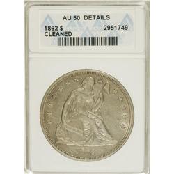 1862 S$1 --Cleaned--ANACS. AU50 Details. Luster brighte