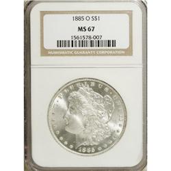 1885-O S$1 MS67 NGC. This brilliant Superb Gem has fro