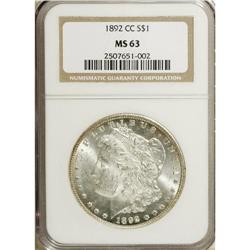 1892-CC S$1 MS63 NGC. Highly lustrous and largely unto