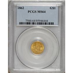 1862 G$1 MS64 PCGS. A pleasing mix of peach-gold and m