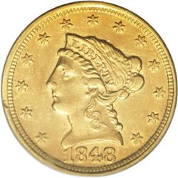 1848-D $2 1/2 AU58 PCGS. Variety 10-N, the scarcer of