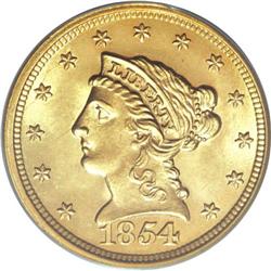 1854 $2 1/2 MS64 PCGS. While the 596,258-piece mintage