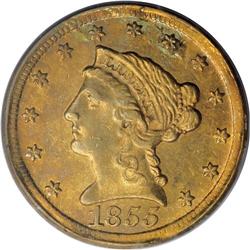 1855-D $2 1/2 AU55 PCGS. Variety 18-M. Both sides of t