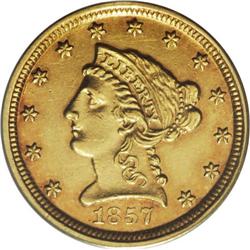 1857-D $2 1/2 XF40 PCGS. A tiny mintage of 2,364 piece