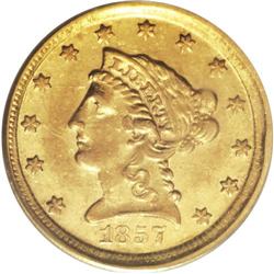 1857-D $2 1/2 AU58 PCGS. Variety 20-M. The obverse is