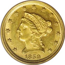 1859-D $2 1/2 MS62 PCGS. Variety 21-M as always for th