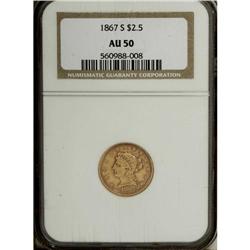 1867-S $2 1/2 AU50 NGC. This example shows some rather