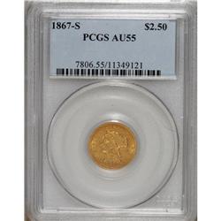 1867-S $2 1/2 AU55 PCGS. This orange-gold better date