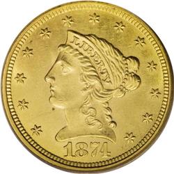 1874 $2 1/2 MS64 PCGS. The 1874, with a mintage of 3,9