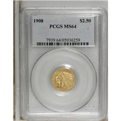 1908 $2 1/2 MS64 PCGS. Attractive peach-gold color dis