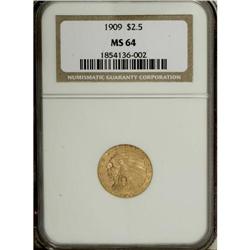 1909 $2 1/2 MS64 NGC. Fully lustrous yellow-gold surfa