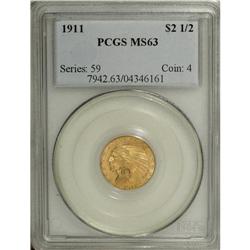 1911 $2 1/2 MS63 PCGS. Satiny and boldly struck, with