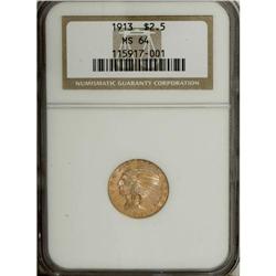 1913 $2 1/2 MS64 NGC. Unusual pink and violet toning a