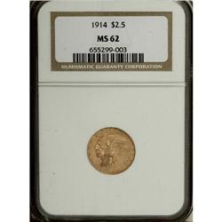 1914 $2 1/2 MS62 NGC. Satiny copper-gold color, with a