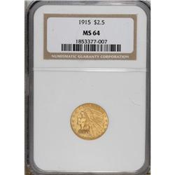 1915 $2 1/2 MS64 NGC. Soft luster graces the peach-gol
