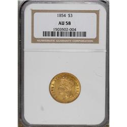 1854 $3 AU58 NGC. Luster dominates the borders and dev