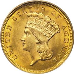 1854 $3 MS63 PCGS. Widely set aside as the first year