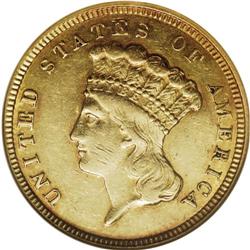 1854-O $3 AU55 NGC. The bright surfaces retain a fair