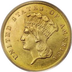 1859 $3 MS64 PCGS. Surviving 1859 $3 gold pieces are w