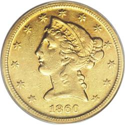 1860-D $5 Medium D AU55 PCGS. Variety 38-FF. This is t