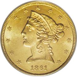 1861 $5 MS63 PCGS. A satiny, subtly lustrous yellow-or