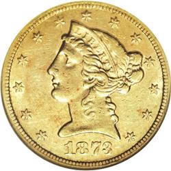 1873-S $5 AU55 NGC. Scarce and underrated, the 1873-S