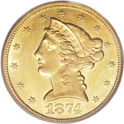 1874-CC $5 AU58 PCGS. Gold experts Jeff Garrett and Ro