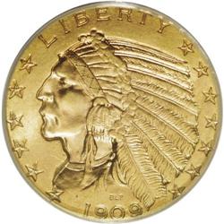 1909 $5 MS64 PCGS. Satiny surfaces display pleasing ho
