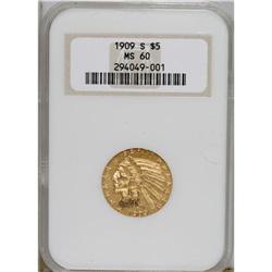 1909-S $5 MS60 NGC. Light yellow-gold with satiny surf
