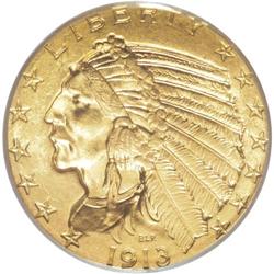 1913 $5 MS64 PCGS. This lovely near-Gem half eagle dis