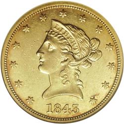 1843 $10 AU55 NGC. A modestly circulated early Gobrech