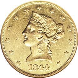 1844 $10 XF45 NGC. Struck during the last year of the