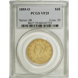 1855-O $10 VF25 PCGS. This rare date New Orleans eagle