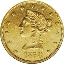 1858 $10 --Cleaned--ANACS. AU53 Details. With a mintage